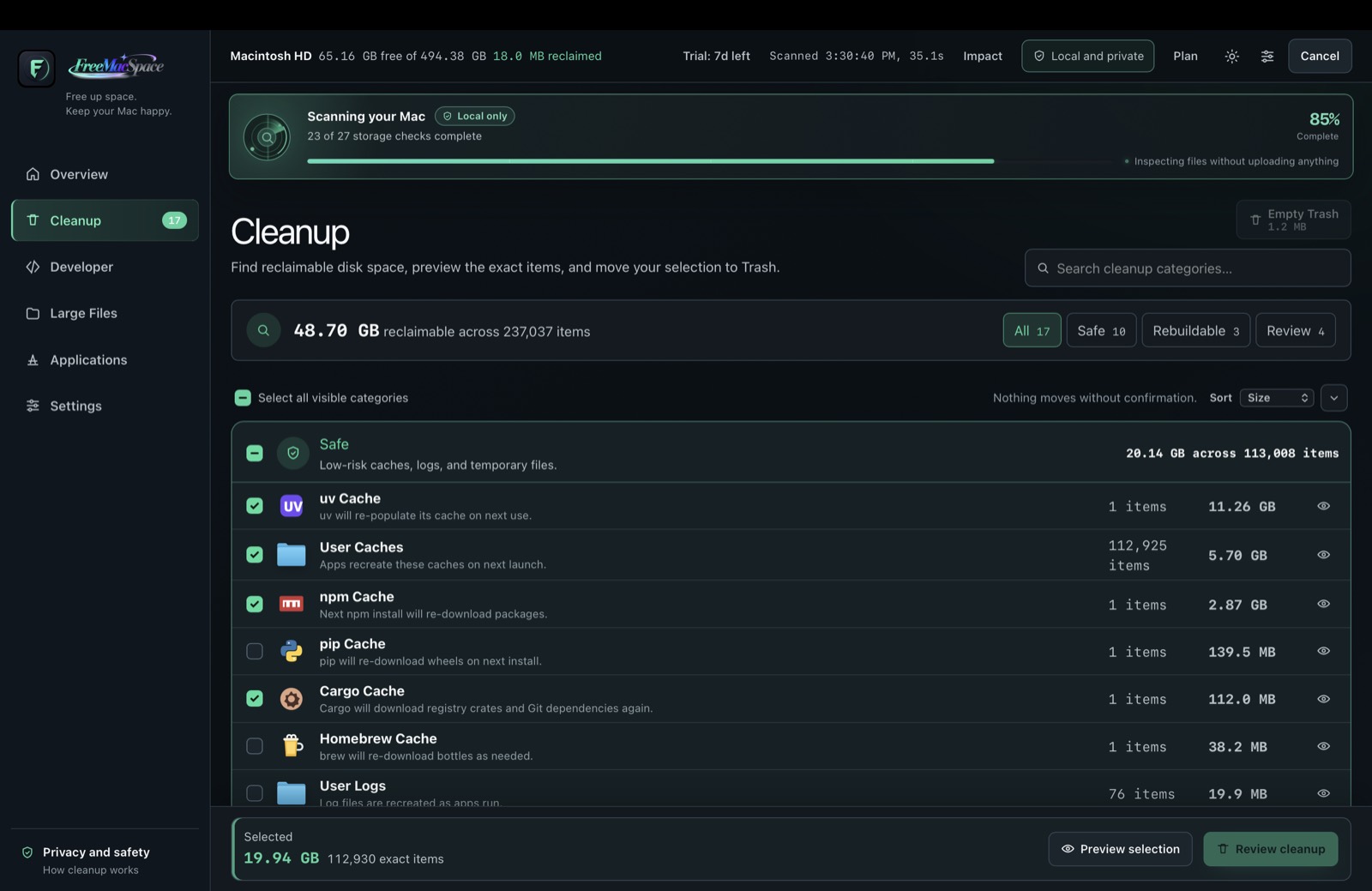 FreeMacSpace Cleanup scanning Mac with local-only progress and streaming category results