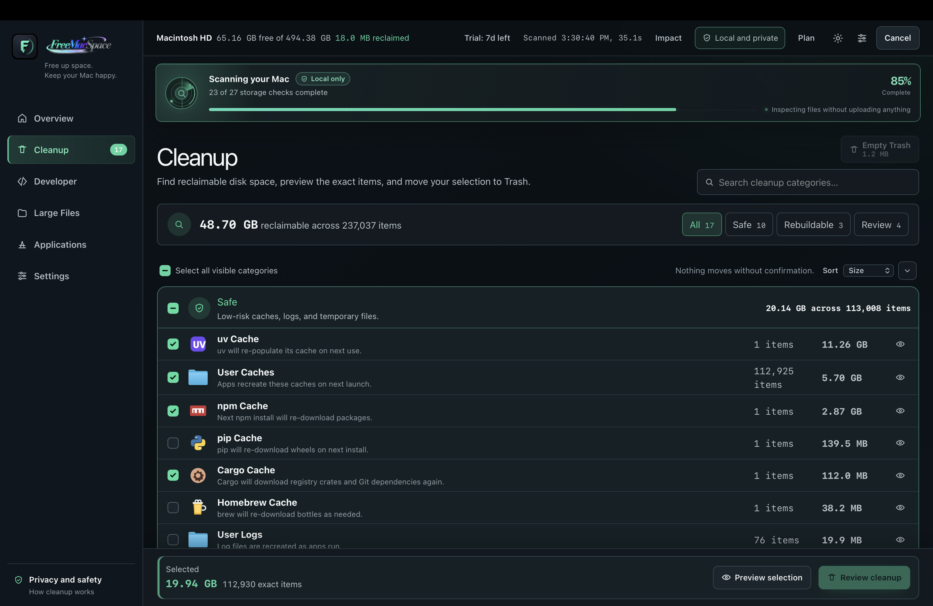 FreeMacSpace Cleanup scanning Mac with local-only progress and streaming category results