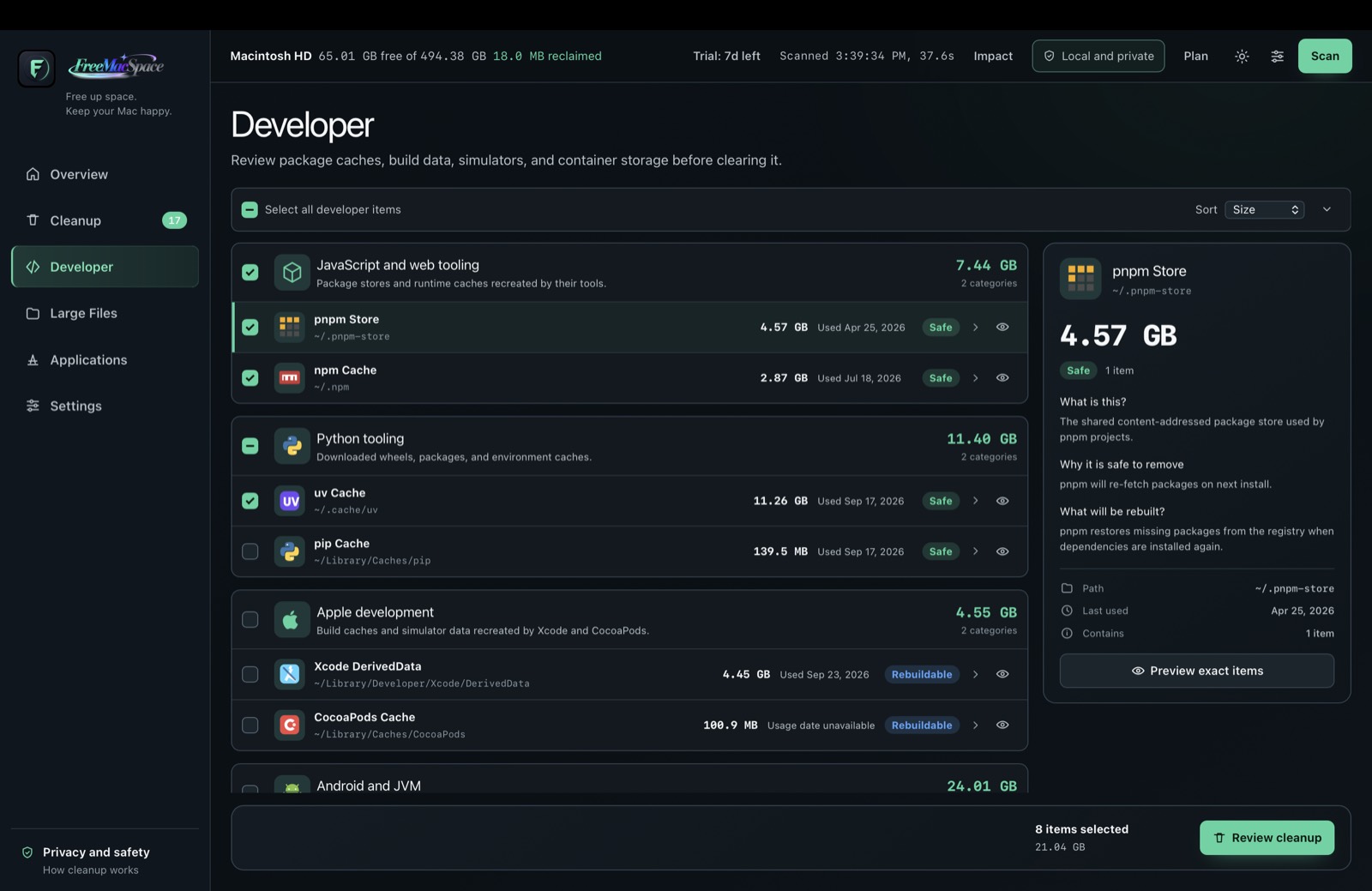 FreeMacSpace Developer workspace with pnpm npm uv pip Xcode and Android caches