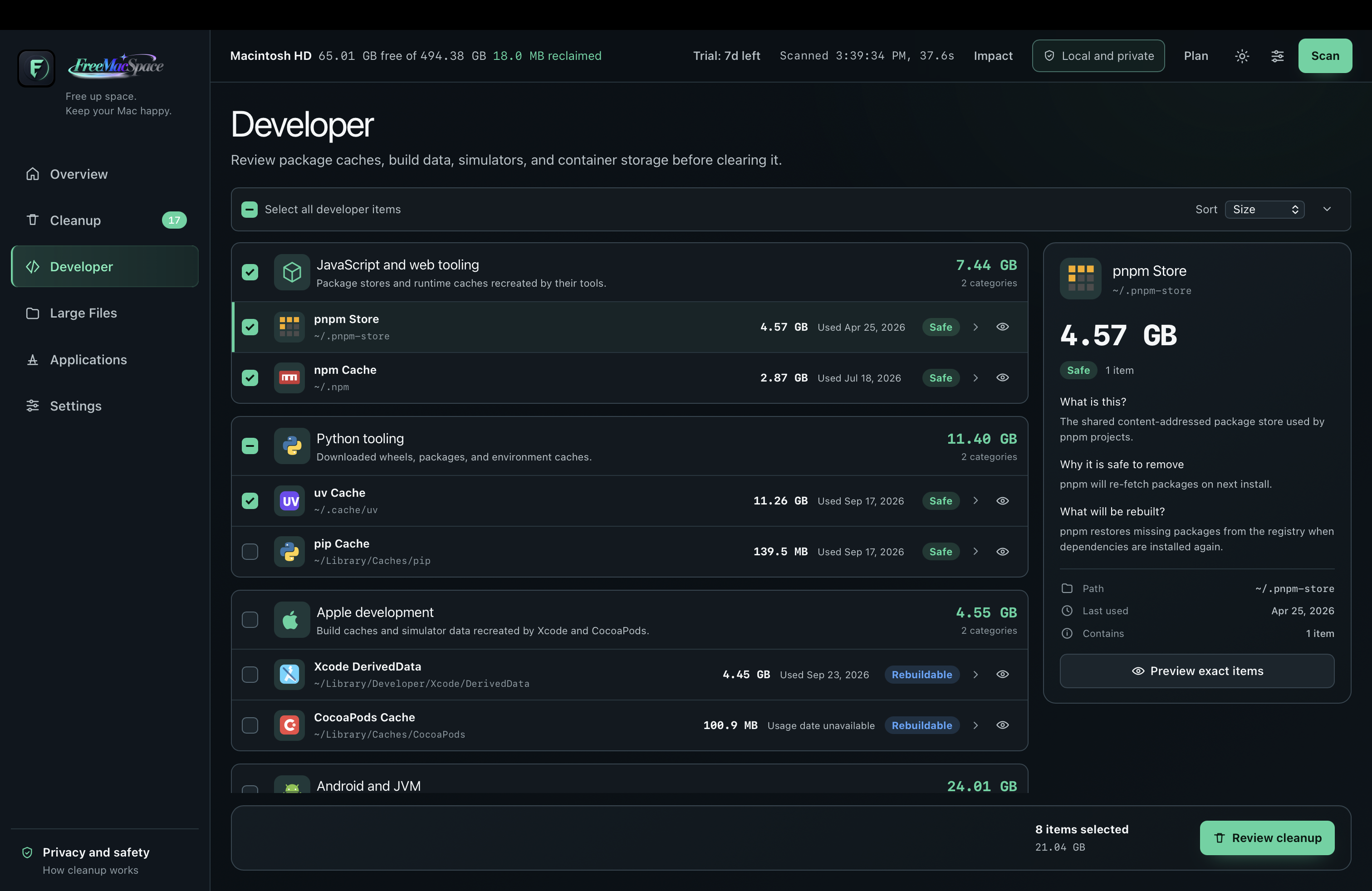 FreeMacSpace Developer workspace with pnpm npm uv pip Xcode and Android caches