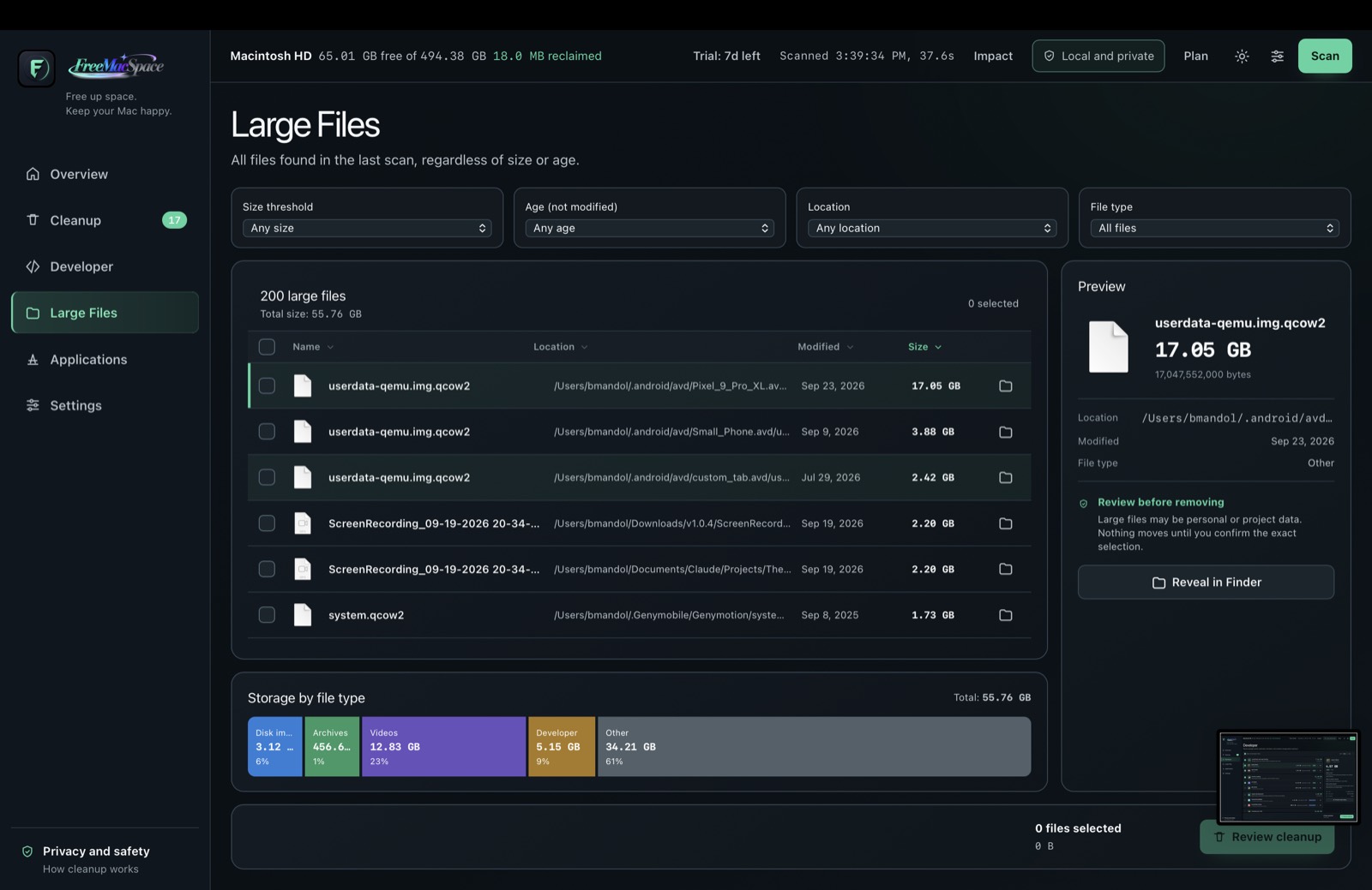 FreeMacSpace Large Files browser with size age location and type filters