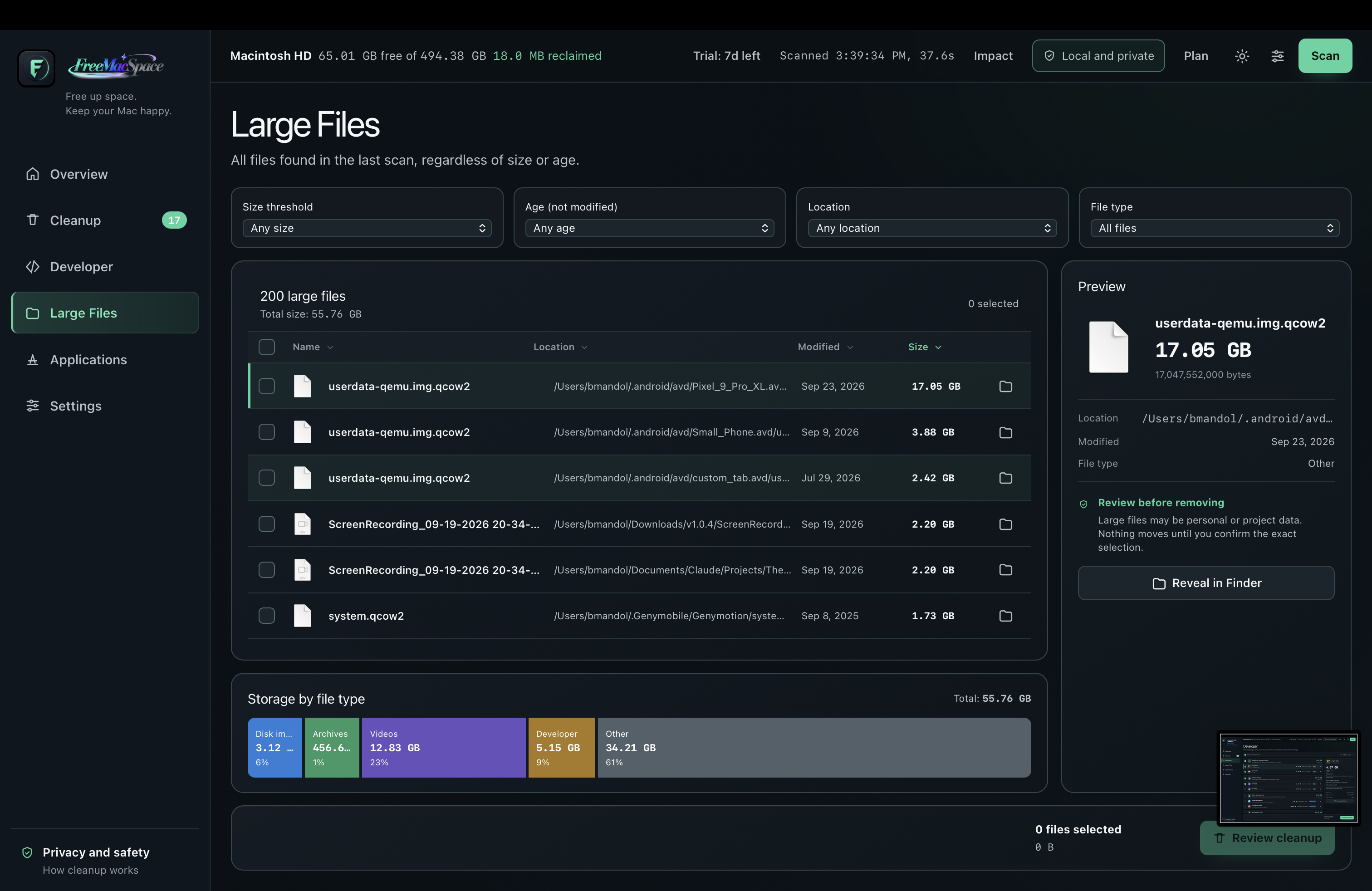 FreeMacSpace Large Files browser with size age location and type filters