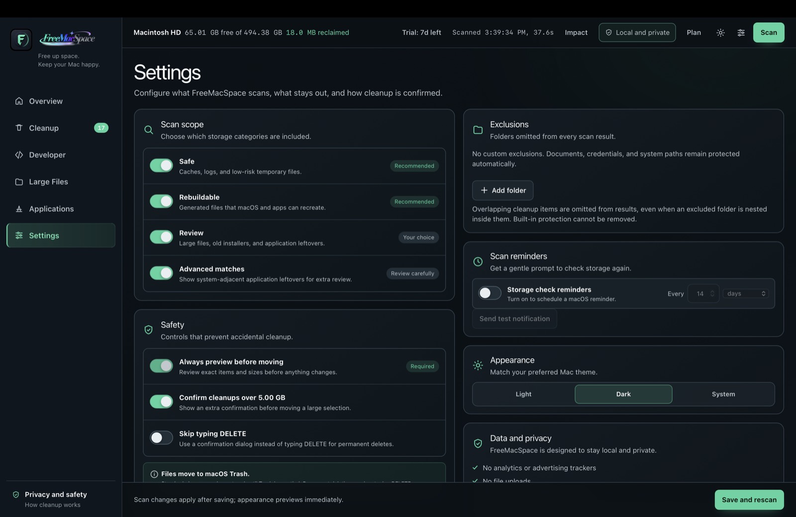 FreeMacSpace Settings for scan scope safety exclusions reminders and appearance