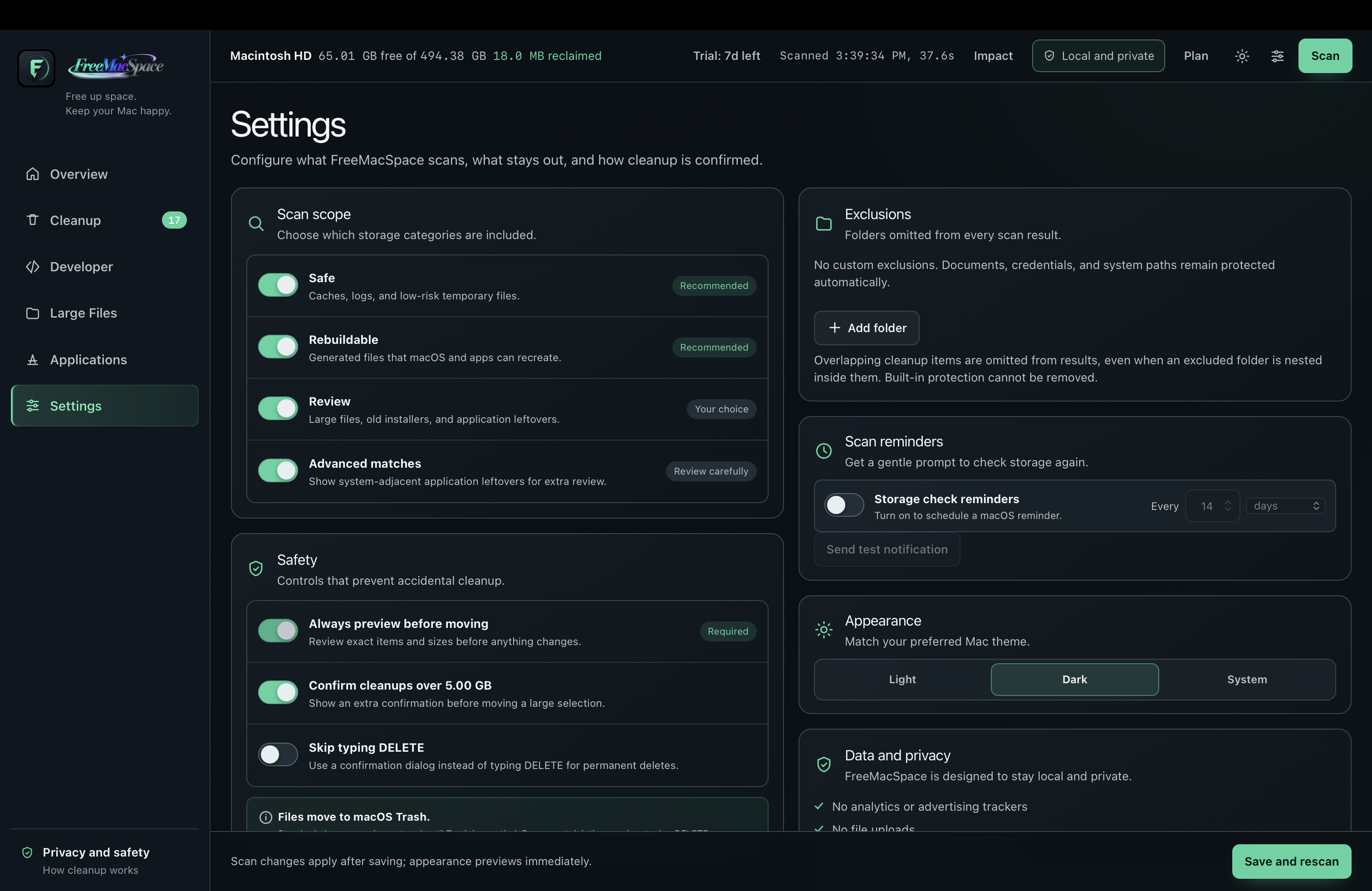 FreeMacSpace Settings for scan scope safety exclusions reminders and appearance